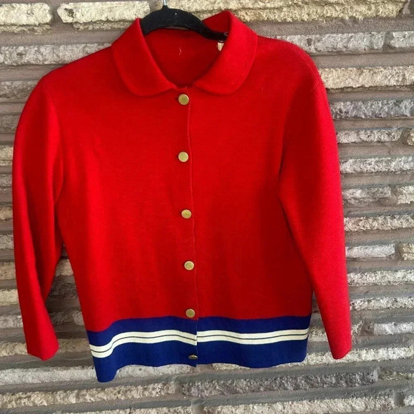 Women's Vintage Italian 100% Wool Red Blue Striped Cardigan Sweater Size 12 - Picture 9 of 9